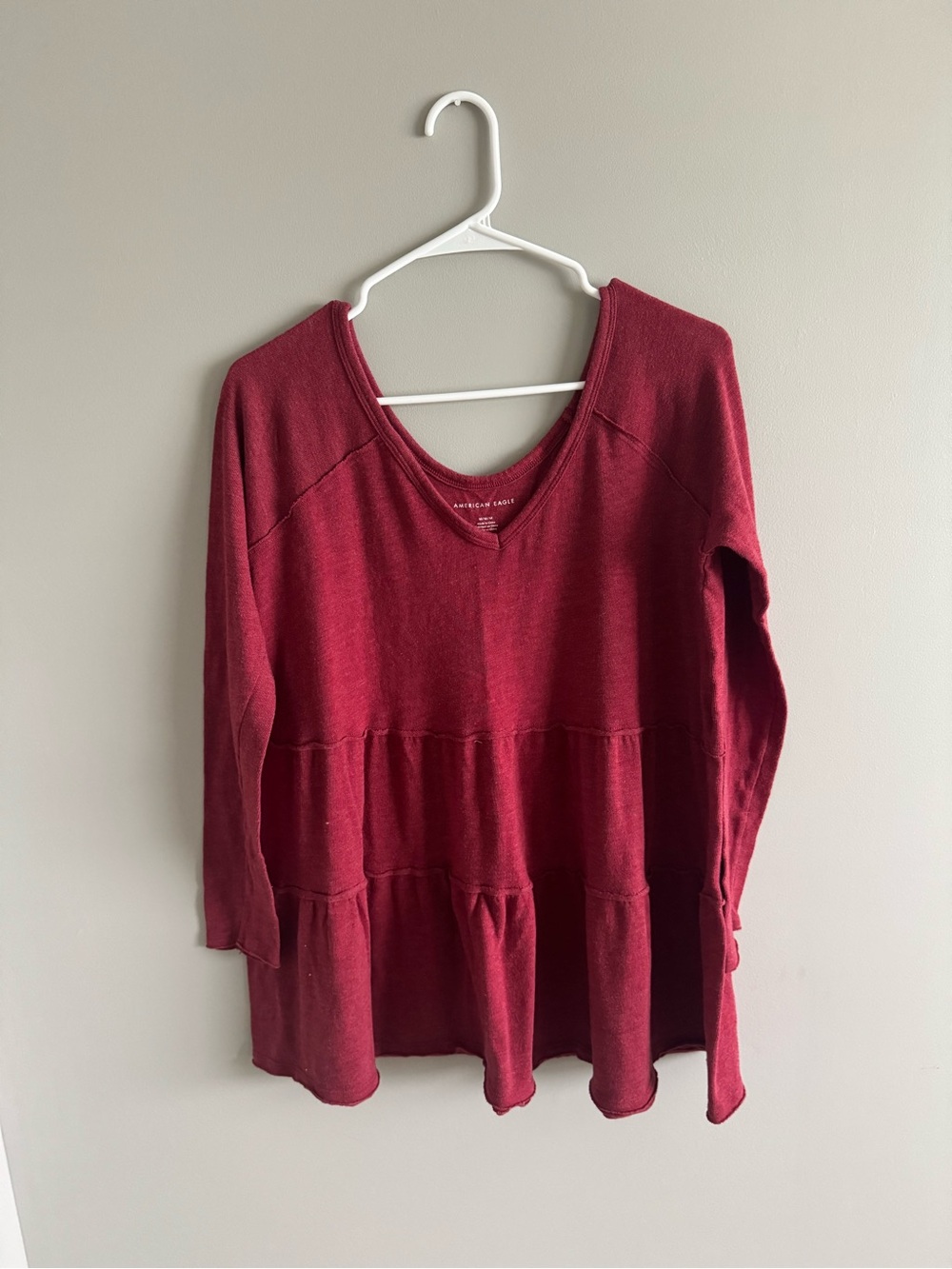 American Eagle Women's Burgundy V-Neck Peplum Knit Top